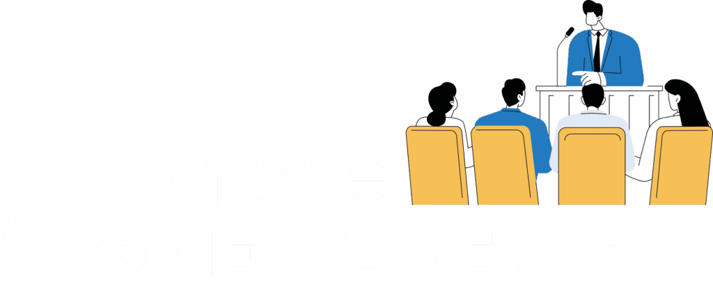 Il salone dell'orientamento, testo e illustrazione di un uomo che da un podio fa un discorso a un gruppo di 4 persone sedute